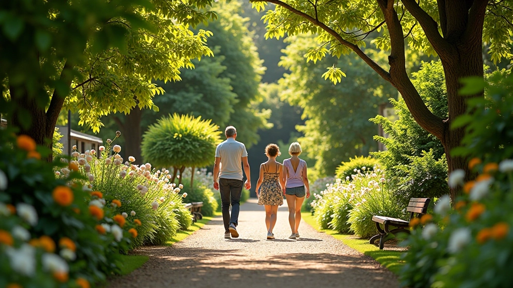 Botanical garden visit with flowering plants and walking paths