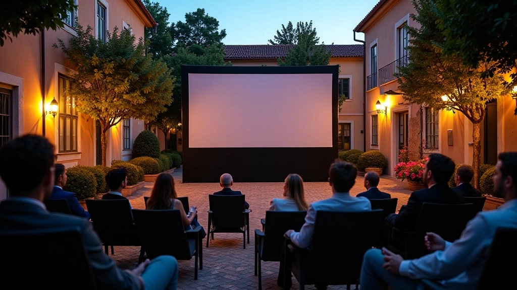 Open-air cinema screening with outdoor seating and evening atmosphere