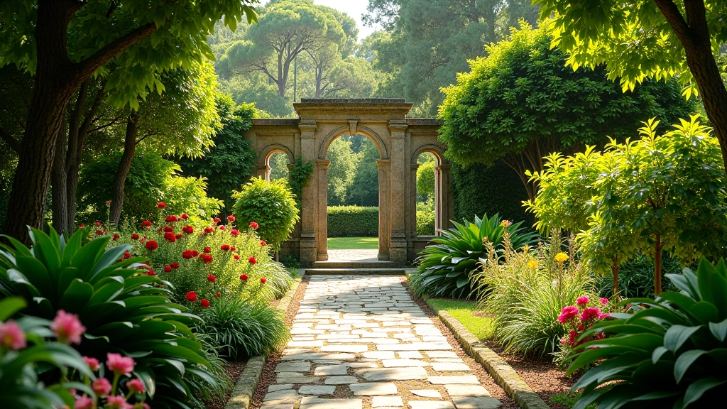 Lush botanical garden with tropical plants