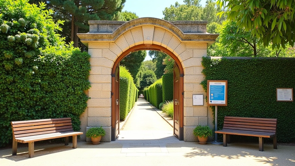 Garden entrance with welcoming pathway, information signs, and visitor facilities visible