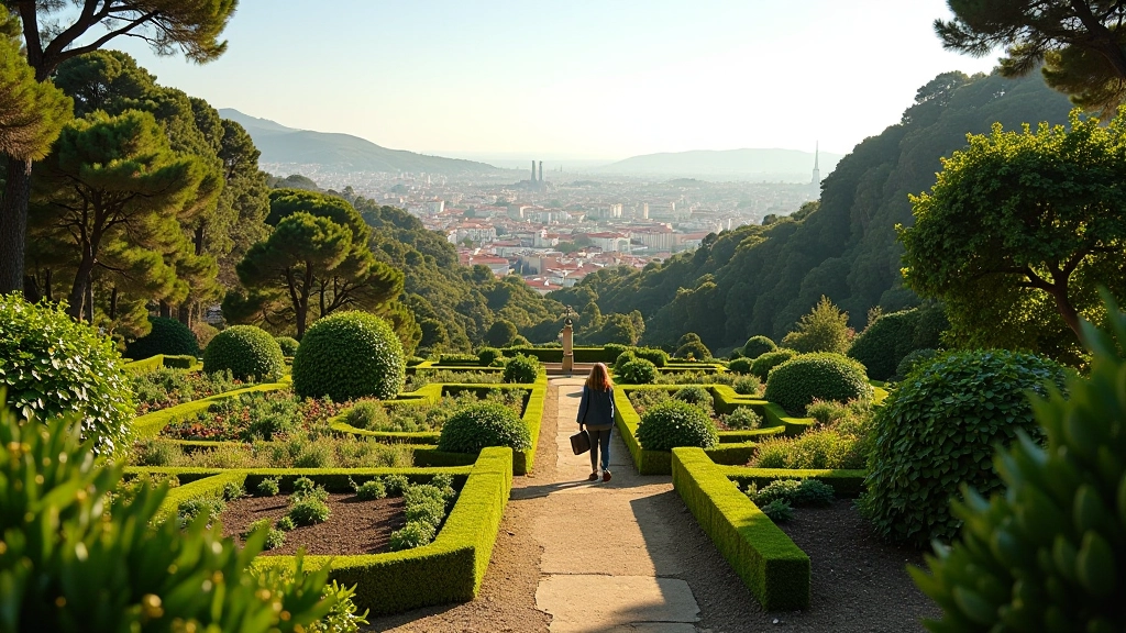 Lisbon botanical garden hillside view with diverse plant sections and city skyline visible in background