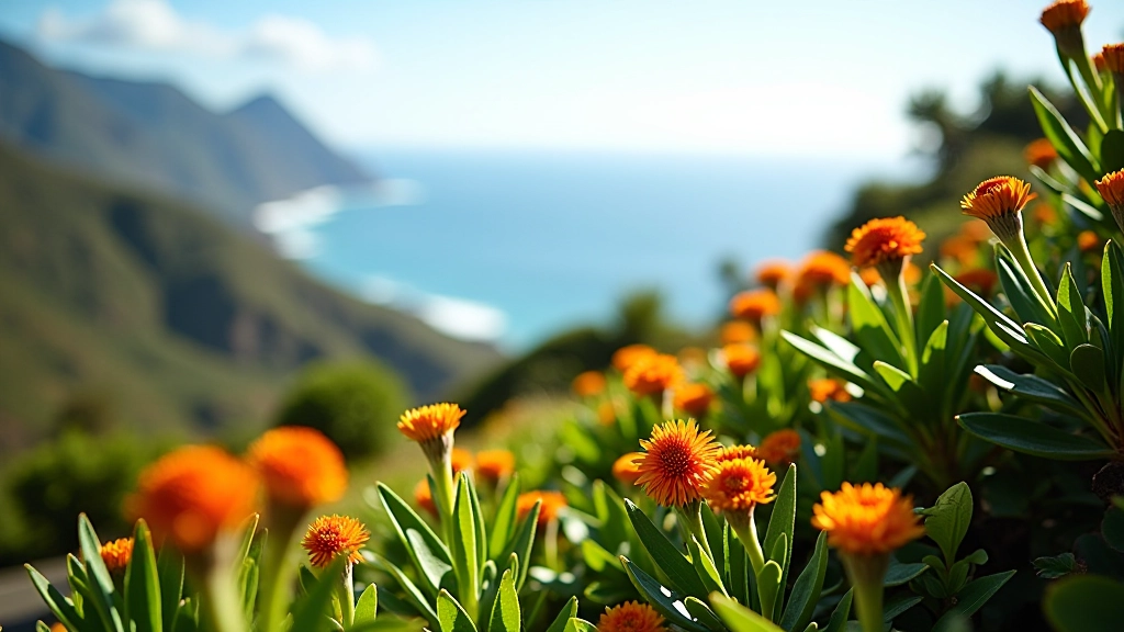Madeira botanical garden hillside with tropical plants overlooking coastal landscape and ocean horizon