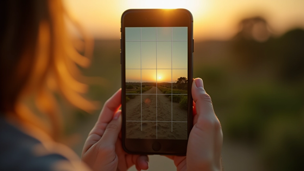 Camera settings display showing composition grid and golden hour lighting conditions