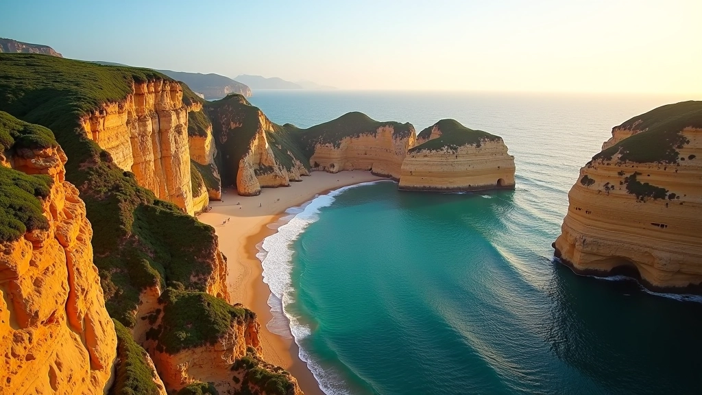 Panoramic view of Portuguese coastal cliffs and landscape during golden hour sunset