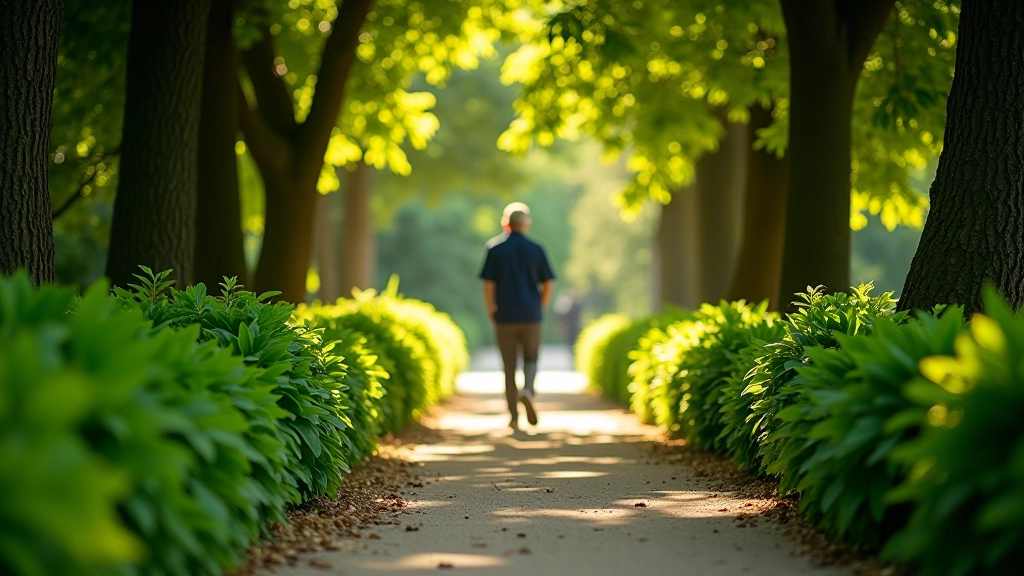 Peaceful garden pathway lined with exotic plants and mature trees creating natural shade