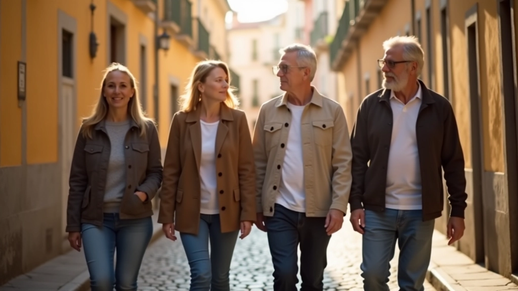 Group of mature adults walking together through a historic Portuguese town square with stone buildings