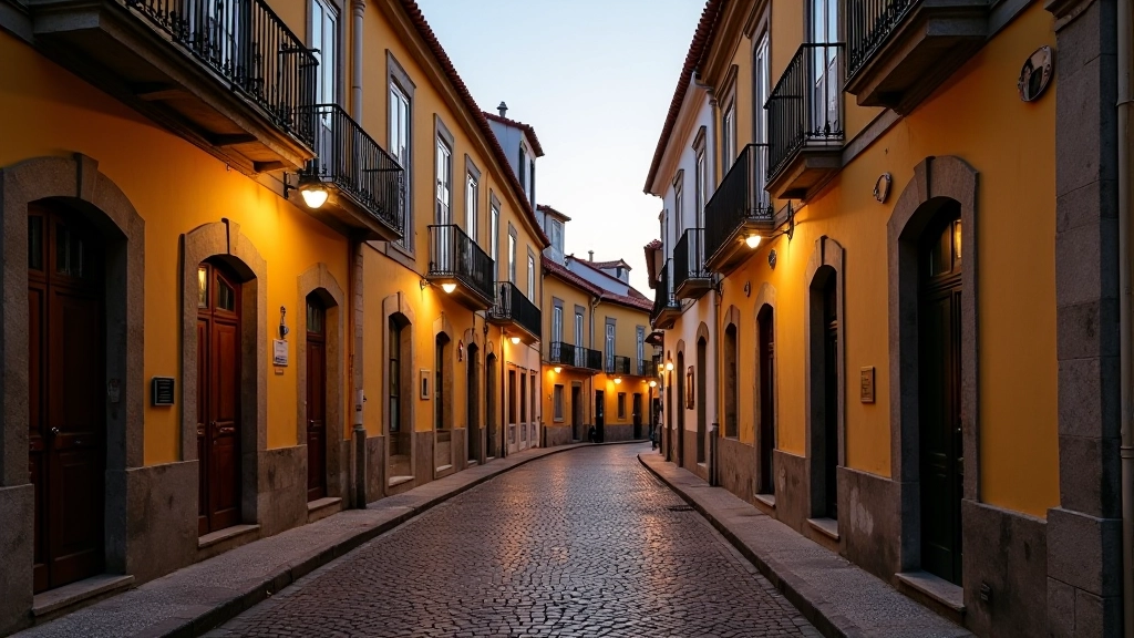 Historic Portuguese street with traditional architecture and warm stone buildings bathed in soft evening light