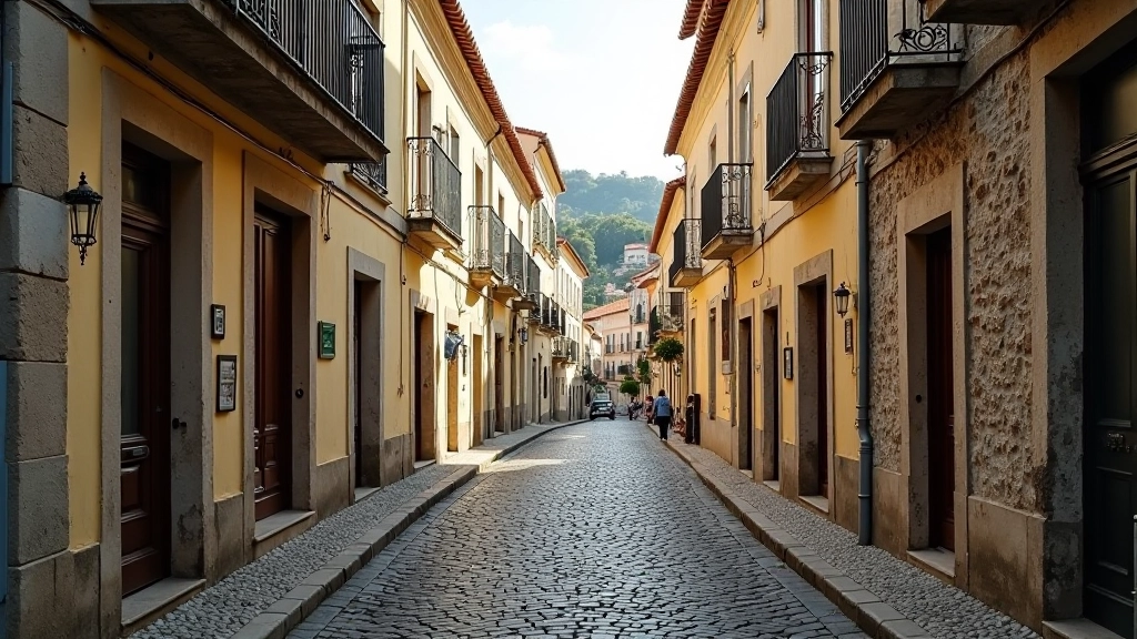 Narrow cobblestone street in Portuguese historic town with traditional architecture