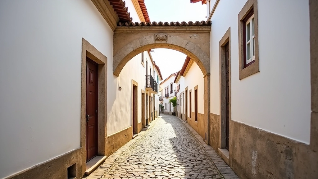 Historic stone archway and narrow street in Ã‰vora with white-painted buildings and traditional Portuguese architecture