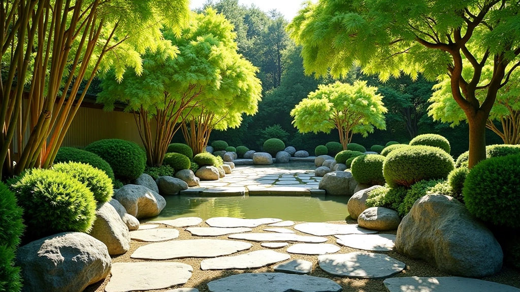 Serene Japanese garden with stone pathways, water features, and carefully pruned plants creating peaceful atmosphere
