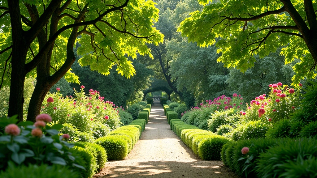Botanical garden with diverse plants and flowers in natural sunlight
