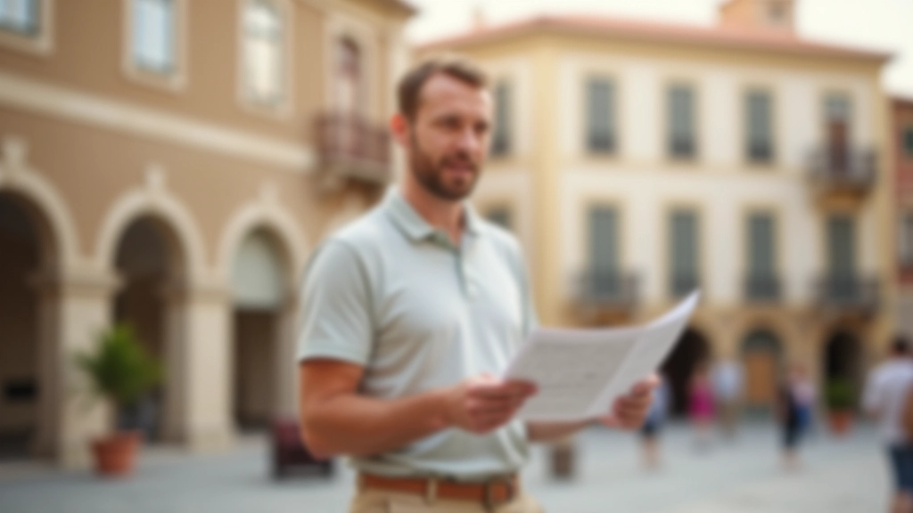 Professional tour guide holding up a historical map and speaking to a group of tourists in a historic town square