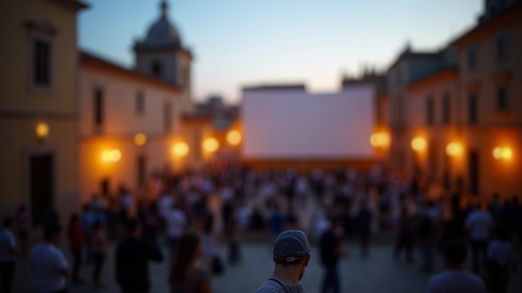 Historic Portuguese town square with stone buildings lit at night, outdoor cinema screen setup