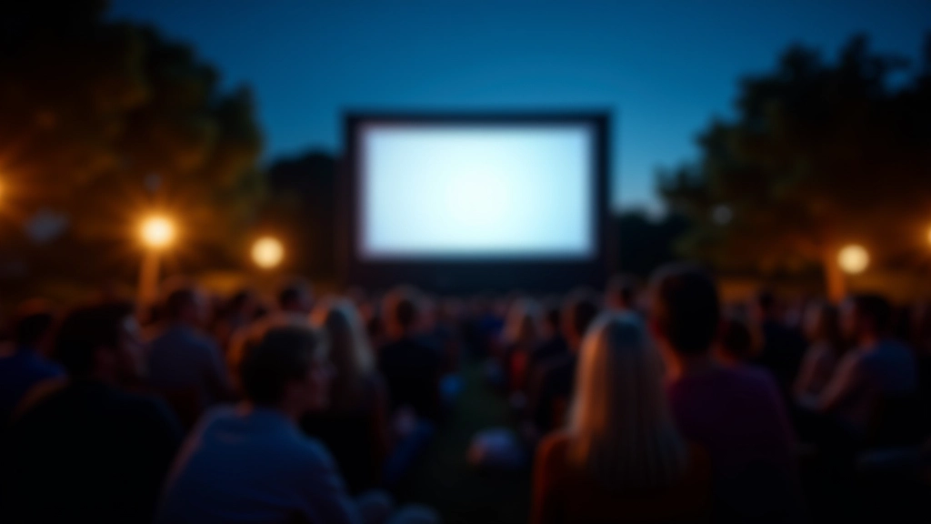 Audience seated under stars watching outdoor cinema, faces illuminated by screen glow