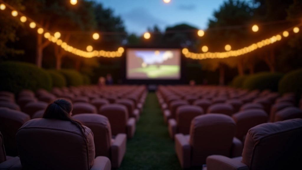 Comfortable outdoor seating with cushioned chairs arranged in rows, soft ambient lighting strung overhead