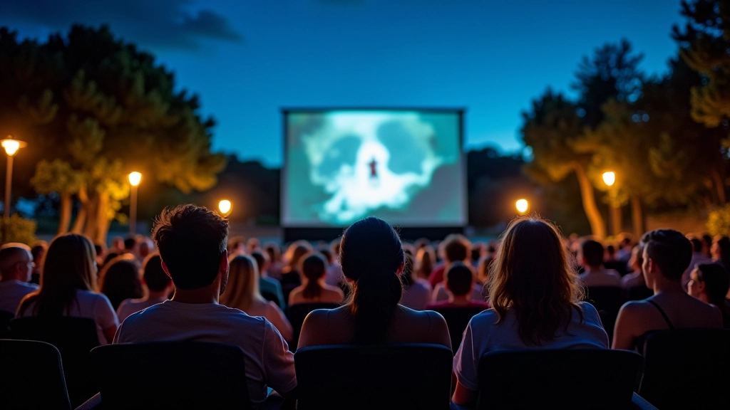 Group of adults enjoying outdoor cinema screening under starlit Portuguese sky with comfortable seating