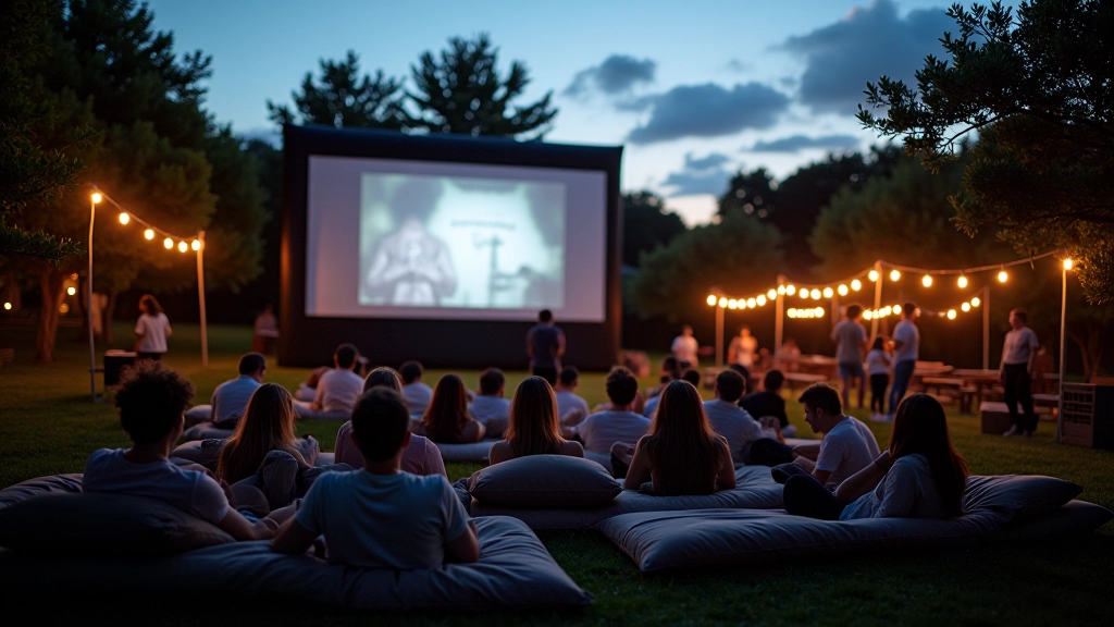 Open-air cinema setup with screen and seating under evening sky