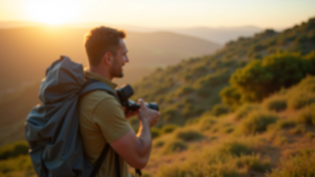 Photographer holding camera on hillside overlooking Portuguese landscape with golden light