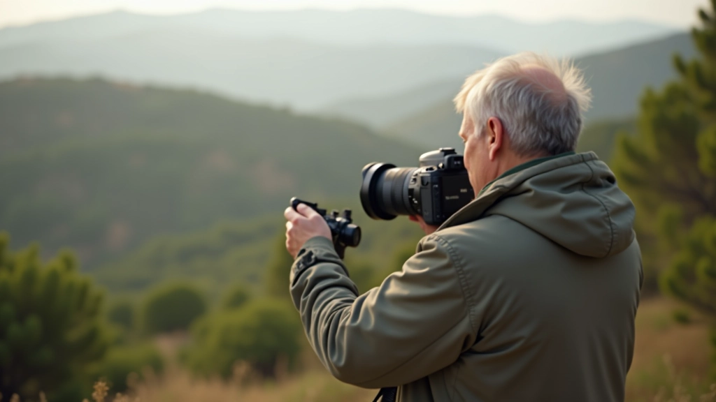 Photographer reviewing images on camera display with Portuguese landscape visible in background