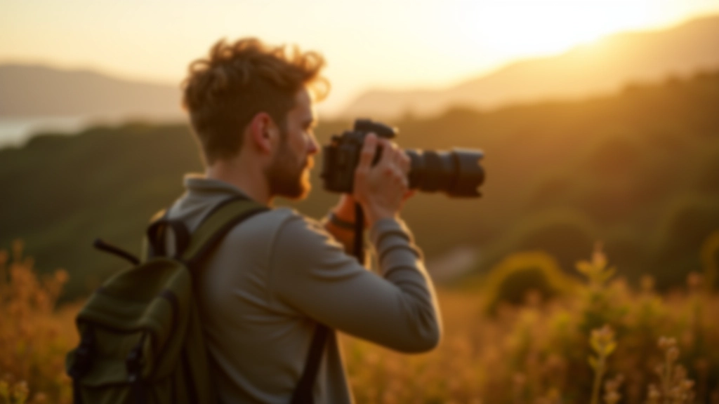 Nature photographer with camera capturing landscape in natural outdoor setting