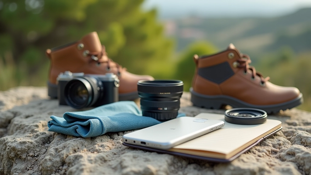 Collection of photography equipment including smartphone, basic camera lens, and hiking accessories on outdoor surface