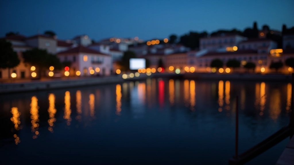 Evening view of outdoor cinema in Lisbon with city lights reflecting on river, projector beam visible
