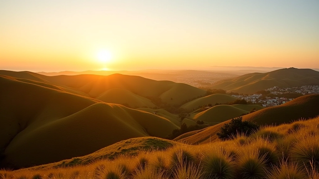 Sunset view over Portuguese coastal landscape with rolling hills