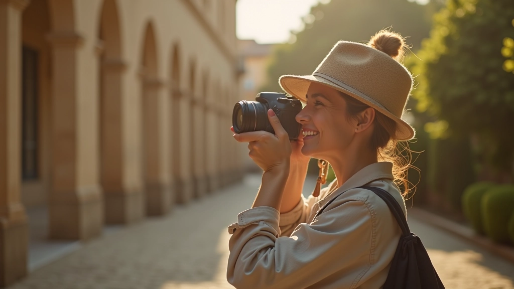 Photographer with professional camera capturing architectural details of a historic Portuguese building facade